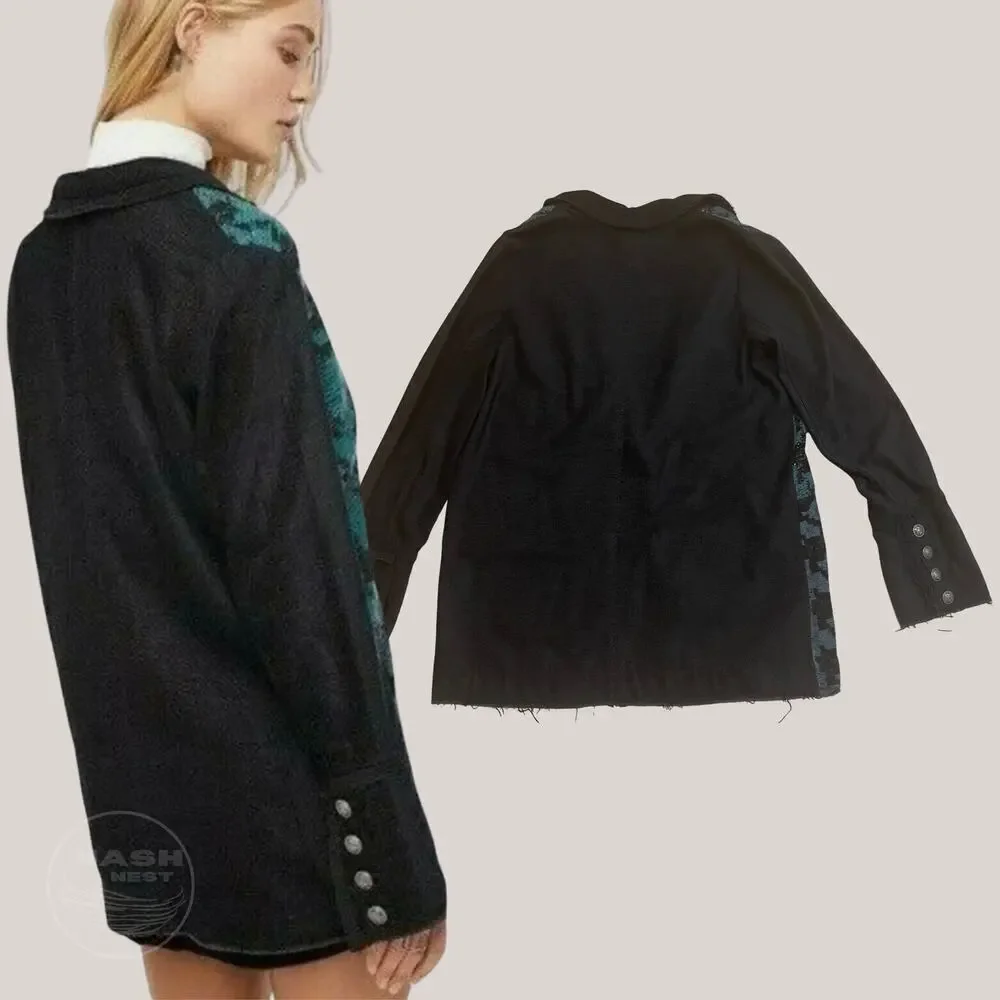 Free People Better Together Blazer M | Mixed Knit Jacquard Open Front, Oversized
